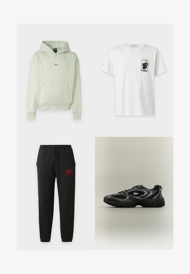 Lys grøn hoodie med en frontlomme, snøre i huen og et lille logo på brystet. Blødt stof, ribbede ærmer og kant. Simpelt design.; Hvid t-shirt med korte ærmer med sort grafik og tekst "Live Tonight... replay" på venstre brystområde.; Sorte sweatpants med elastisk talje og manchetter, sidelommer og rødt Umbro-logo på venstre lår.; Sort og grå atletisk sneaker med mesh-paneler, snørebåndsdesign, tyk sål og et lille krokodillelogo på siden.