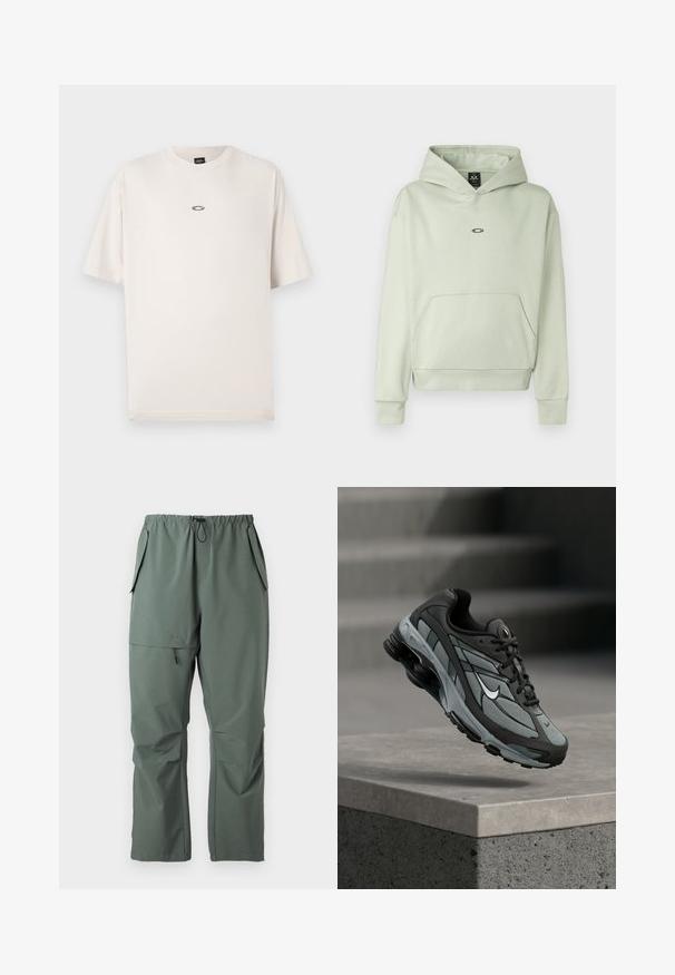Sudadera verde claro con un bolsillo en la parte delantera, capucha con cordones y un pequeño logo en el pecho. Tejido suave, puños y dobladillo acanalados. Diseño simple.; Oakley RISE TEE - Camiseta básica - mist; Pantalones verdes, ligeros, con cintura elástica, cordón ajustable y múltiples bolsillos. Textura suave con un corte relajado y holgado.; Zapatilla deportiva gris y negra con paneles de malla y suela gruesa, posicionada en el aire sobre un saliente de hormigón con escaleras de fondo.