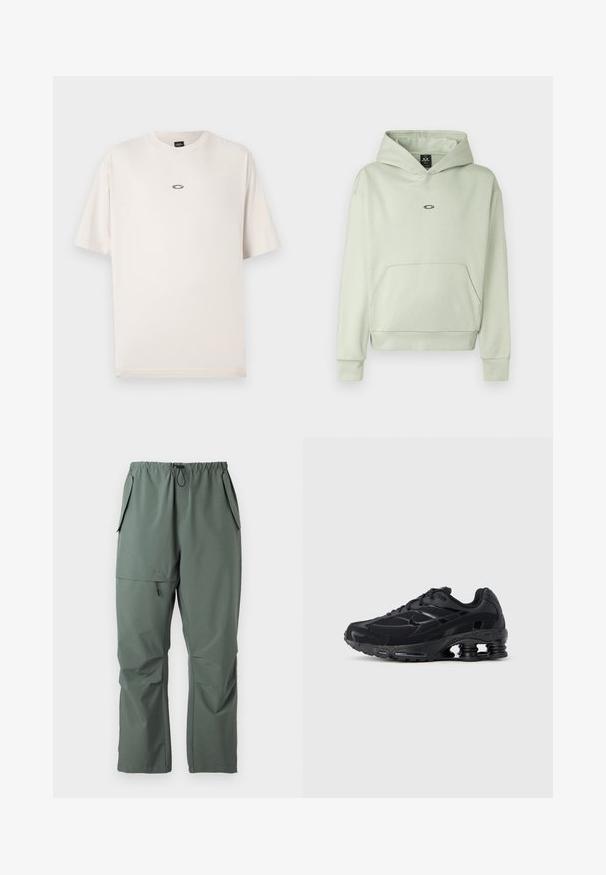 Lys grøn hoodie med en frontlomme, snøre i huen og et lille logo på brystet. Blødt stof, ribbede ærmer og kant. Simpelt design.; Oakley RISE TEE - T-shirts basic - mist; Grønne, letvægtsbukser med elastisk talje, snor og flere lommer. Glat tekstur med en afslappet, løs pasform.; Sort atletiksko med mesh-overdel, polstret krave og markant støddæmpningsteknologi ved hælen. Har teksturerede detaljer og snørebånd.