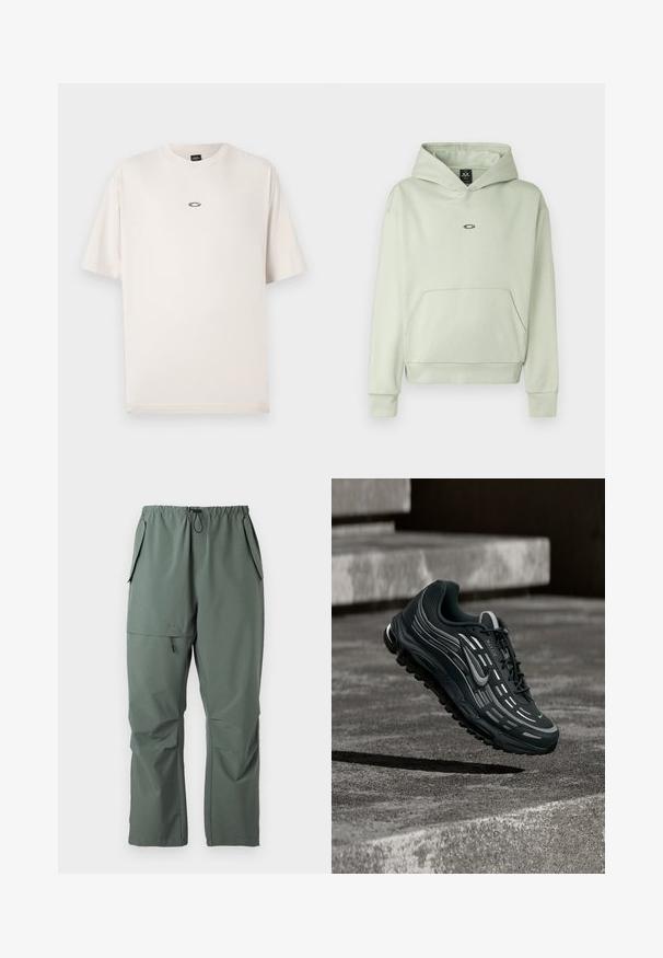 Svetlozelená mikina s prednou vreckom, kapucňou na šnúrku a malým logom na hrudi. Mäkka látka, rebrované manžety a lem. Jednoduchý dizajn.; Oakley RISE TEE - Základné tričko - mist; Zelené, ľahké nohavice s elastickým pásom, šnúrkou a viacerými vreckami. Hladká textúra s uvoľneným, voľným strihom.; Čierno-sivá teniska Nike Air Max vznášajúca sa nad sivými betónovými schodmi s textúrovaným pozadím zeme.