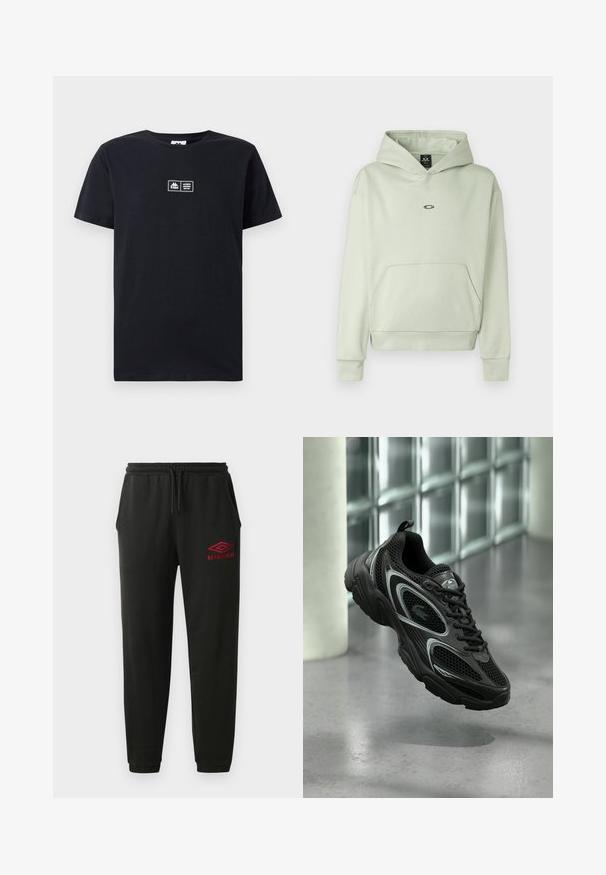 Haut à capuche vert clair avec une poche frontale, une capuche à cordon, et un petit logo sur la poitrine. Tissu doux, poignets et ourlet côtelés. Design simple.; T-shirt en coton noir à manches courtes et col rond. Présente un patch logo à l'avant avec du texte. Design simple et dépouillé.; Pantalons de jogging noirs avec taille et poignets élastiques, poches latérales et logo Umbro rouge sur la cuisse gauche.; Chaussure de sport noire en mesh et matériau synthétique, avec une semelle texturée, un design élégant, des accents argentés et un laçage à l'avant.