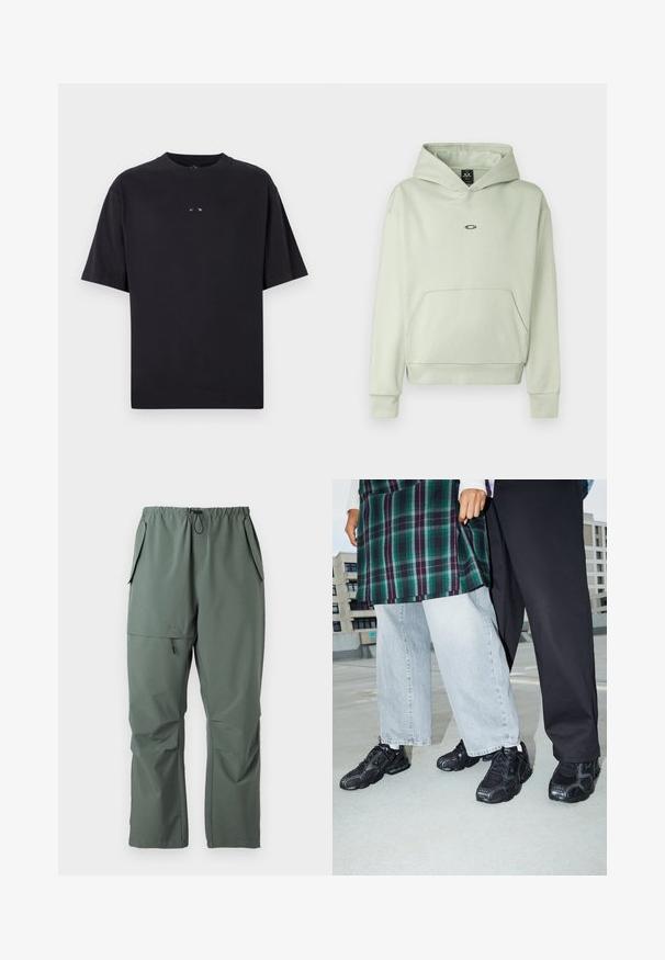 Lichtgroene hoodie met een voorzak, een trekkoordkap en een klein logo op de borst. Zacht materiaal, ribbelboorden en -zoom. Eenvoudig ontwerp.; Oakley RISE TEE - T-shirt basic - blackout; Groene, lichte broeken met een elastische tailleband, trekkoord en meerdere zakken. Gladde textuur met een ontspannen, losse pasvorm.; Zwarte sportieve schoenen met mesh- en rubberaccenten. Draagt een lichtgrijze wijde spijkerbroek en een groen geruit shirt. Effen achtergrond.