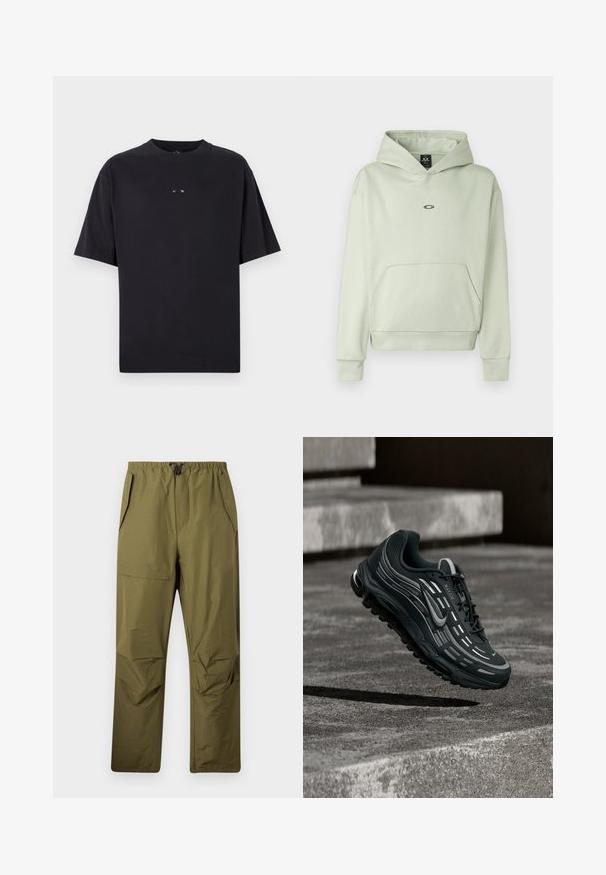 Svetlozelená mikina s prednou vreckom, kapucňou na šnúrku a malým logom na hrudi. Mäkka látka, rebrované manžety a lem. Jednoduchý dizajn.; Oakley RISE TEE - Základné tričko - blackout; Zelenohnedé nohavice rovného strihu s elastickým pásom a šnúrkou, s bočnými vreckami a flap vreckom na pravej stehne.; Čierno-sivá teniska Nike Air Max vznášajúca sa nad sivými betónovými schodmi s textúrovaným pozadím zeme.