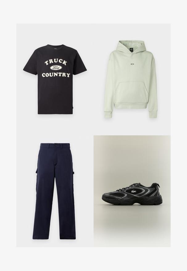 Hellgrüner Hoodie mit einer Fronttasche, Kapuze mit Kordelzug und kleinem Logo auf der Brust. Weicher Stoff, gerippte Bündchen und Saum. Einfaches Design.; Schwarzes Baumwoll-T-Shirt mit kurzen Ärmeln, das "TRUCK COUNTRY" in cremigem Text und einem Ford-Logo-Design auf der Vorderseite zeigt.; Marineblaue gerade geschnittene Hose mit Gürtelschlaufen, vorderem Knopfverschluss und seitlichen Werkzeugtaschen, auf einem weißen Hintergrund präsentiert.; Schwarzer und grauer Sportschuh mit Netzpaneelen, Schnürdesign, dicker Sohle und einem kleinen Krokodil-Logo an der Seite.