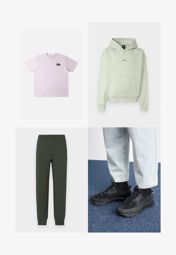 Lys grøn hoodie med en frontlomme, snøre i huen og et lille logo på brystet. Blødt stof, ribbede ærmer og kant. Simpelt design.; Lyserød bomuld T-shirt med korte ærmer, med en lille flerfarvet logo på venstre brystområde. Enkel, afslappet design.; Grønne joggingbukser med elastisk talje og manchetter, der har en glat tekstur og et tonalt logodetalje på venstre lår.; Sorte træningssko med tekstureret stof og gummisåler, udstyret med elastiske snørebånd og en blå detalje på hælen. Bæres med lyse denimbukser.