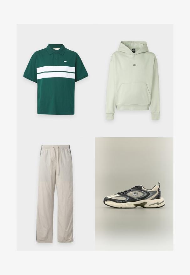 Sudadera verde claro con un bolsillo en la parte delantera, capucha con cordones y un pequeño logo en el pecho. Tejido suave, puños y dobladillo acanalados. Diseño simple.; Camisa polo verde de algodón con una franja horizontal blanca en el pecho. Presenta un cuello clásico y un pequeño logo en el lado izquierdo.; Pantalones ligeros de color beige, con cordón y cintura elástica, que presentan paneles laterales oscuros y un diseño de pierna recta y holgada.; Zapatilla deportiva en negro y crema con parte superior de malla, suela de goma y un destacado detalle de logo. Punta redondeada con acentos texturizados.