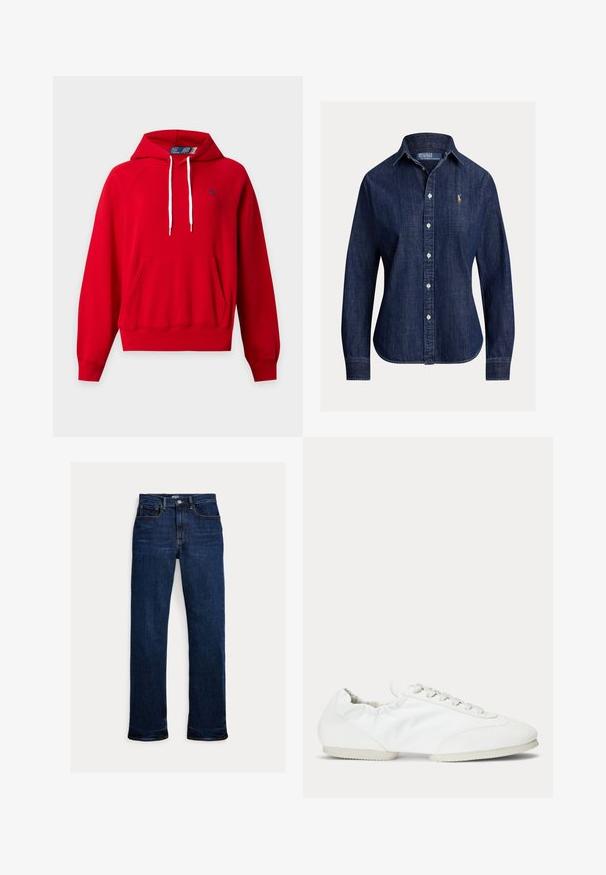Sudadera roja con capucha, bolsillo delantero, cordones blancos, puños y dobladillo acanalados, y pequeño logo azul marino en el pecho izquierdo.; Camisa vaquera de manga larga azul oscuro con botones, cuello y logotipo bordado de Polo Ralph Lauren en el pecho izquierdo.; Vaqueros de mezclilla azul oscuro de pernera recta con botón y cremallera delanteros, diseño de cinco bolsillos y detalles de costuras visibles.; Zapatilla blanca de perfil bajo con cordones, panel lateral de tela lisa y suela blanda y flexible.