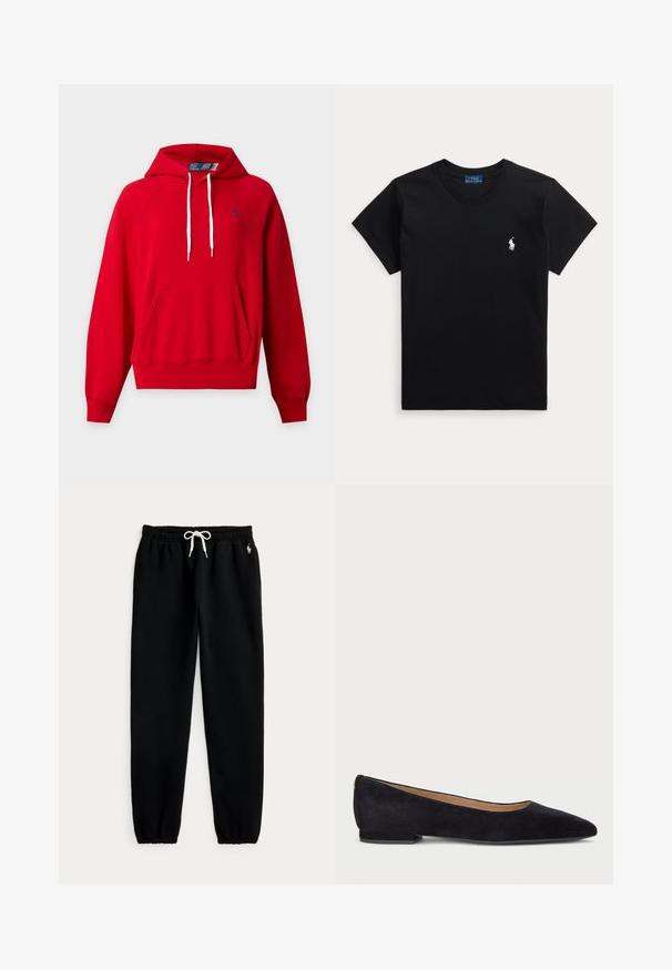 Rød hættetrøje med forlomme, hvide snore, ribkant ved ærmer og kant samt lille navy-logo på venstre bryst.; Sort kortærmet t-shirt med rund halsudskæring med lille hvid polo spiller logo på venstre bryst og blå label inde i kraven.; Sorte joggers med elastisk talje og hvid snor, elastiske manchetter og lille hvid hestelogo på venstre hofte.; Sorte ruskinds balletflade med spids tå, flad hæl og en glat, struktureret overflade. Diskret guldaccent ved hælen.
