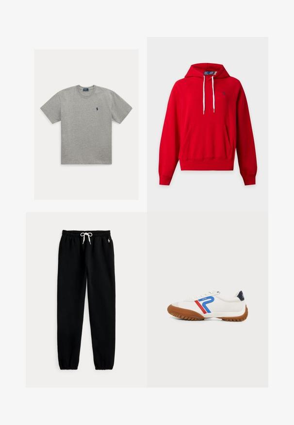 Rotes Kapuzensweatshirt mit Fronttasche, weißen Kordeln, gerippten Bündchen und Saum sowie kleinem marineblauem Logo auf der linken Brust.; Hellgraues T-Shirt mit kurzen Ärmeln und Rundhalsausschnitt mit kleinem dunkelblau besticktem Polospieler-Logo auf der linken Brust.; Schwarze Jogginghose mit elastischem Bund und weißem Kordelzug, elastischen Bündchen und kleinem weißem Pferdelogo an der linken Hüfte.; Weißer Sneaker mit brauner Sohle, blauen und roten Streifen an der Seite und schwarzem Fersenlasche, seitlich auf hellem Hintergrund gezeigt.