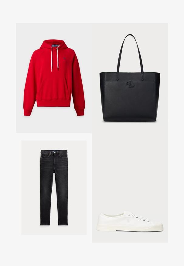 Rode hoodie met voorzak, witte trekkoorden, geribbelde boorden en zoom, en klein marineblauw logo op de linkerborst.; Zwarte slim-fit jeans met vijf zakken, knoopsluiting en Polo merklabel op de tailleband, plat op een witte achtergrond gelegd.; Witte canvas sneaker met een ronde neus, vetersluiting en subtiele logo-detail. Voorzien van een gemêleerde stof en rubberen zool.; Zwarte leren tote bag met textuur, dubbele handvatten en een reliëf "RL" logo aan de voorkant. Rechthoekige vorm, minimalistisch ontwerp.