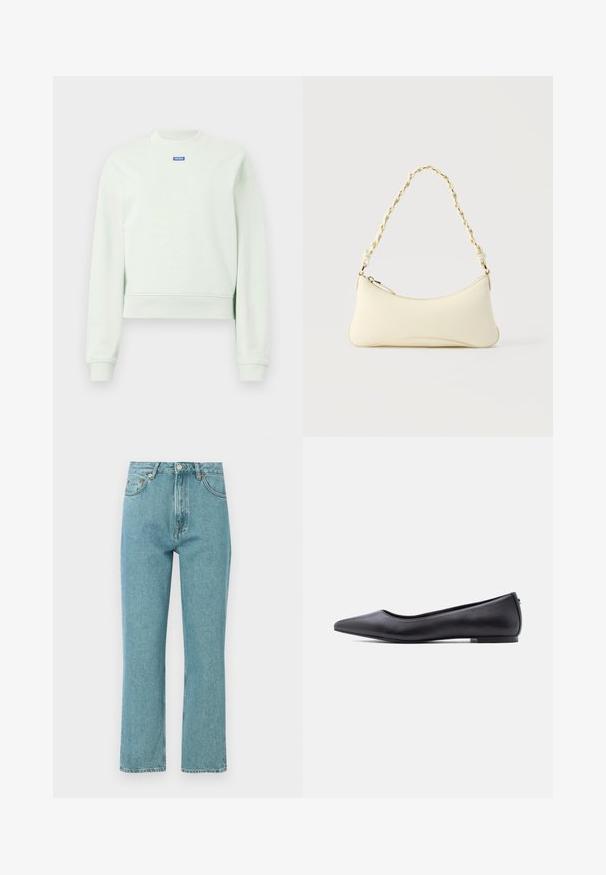 Sweatshirt long à manches vert clair avec des poignets côtelés, un ourlet côtelé, un col rond et un petit logo bleu "HUGO" centré en dessous de l'encolure.; Jeans bleu clair taille haute avec une coupe droite. Fabriqués en denim, comportent des poches frontales et une fermeture à bouton.; Chaussure plate en cuir noire à bout pointu avec petit talon, vue de profil sur fond blanc.; Petit sac à main couleur crème avec une forme incurvée et une poignée en chaîne torsadée ton or, fermeture éclair sur le dessus