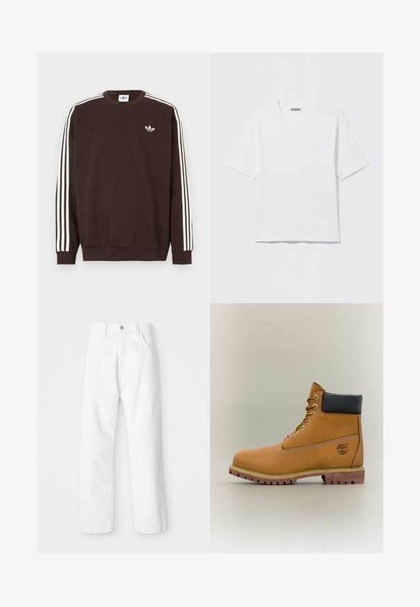 Mørkebrun Adidas-sweatshirt med hvide tre striber langs ærmerne og hvid Adidas trebladet logo på brystet.; Hvid, kortærmet t-shirt med rund hals og et lille "WEEKDAY"-mærke på indersiden af bagkraven, vist på en flad overflade.; Hvide denimbukser med lige ben-design, der har en frontknap og lynlås lukning, fem lommer og en ren, tekstureret overflade.; Brun læderankelstøvle med sort krave, gule snørebånd og tanfarvet sål. Har logo og hvide syninger som detalje. Robust ydersål med greb.