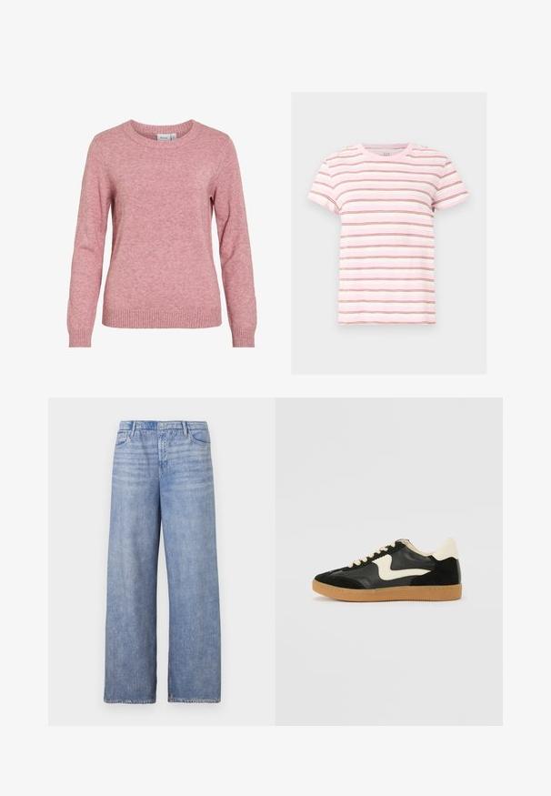 Pull en maille rose doux à manches longues, col rond et poignets et ourlet côtelés, étiqueté avec la marque "VILA" à l'intérieur du col.; T-shirt à manches courtes rose et blanche avec de fines rayures horizontales marron, encolure ronde et coupe décontractée.; Jeans large en denim bleu clair, dotés d'un design classique à cinq poches, d'une fermeture à bouton et d'un délavage visible sur le tissu.; Baskets en daim et cuir noir avec un swoosh latéral crème et un talon crème clair. Dotées de lacets beige et d'une semelle en caoutchouc gomme.