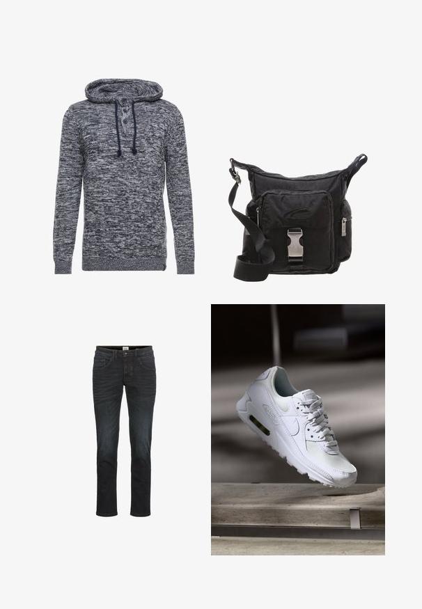 Gestrickter Hoodie aus dunkelblauem und grauem Melange-Stoff; verfügt über eine Frontblende mit drei Knöpfen, einen Kordelzug sowie gerippte Bündchen und Saum.; Schlanke Jeans in dunkelblauem Denim, mit fünf Taschen, Gürtelschlaufen und einem Reißverschluss. Glatte Textur mit minimaler Ausbleichung und Nähdetails.; Weiße Nike Air Max 90 Sneaker mit einem Obermaterial aus Mesh und Leder, durchlässigem Zehenbereich und einer sichtbaren Air-Einheit in der Ferse.; Schwarze Nylon-Crossbody-Tasche mit verstellbarem Schultergurt, Reißverschlussfächern und einem Frontklappenverschluss. Ausgestattet mit einem Metallverschluss und einer subtilen Textur.