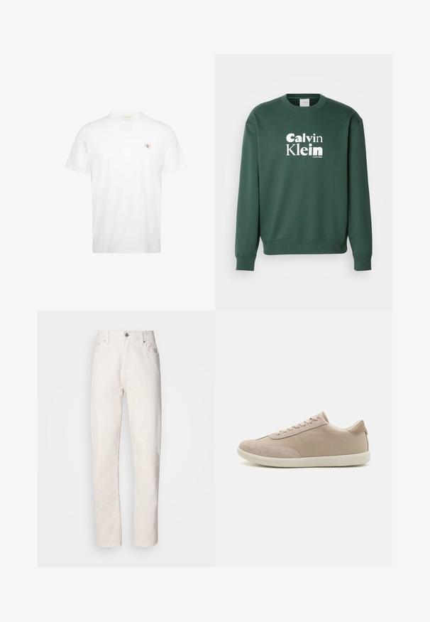 Sudadera verde de mezcla de algodón, con cuello redondo y puños acanalados. Presenta el logo blanco de "Calvin Klein" en el frontal.; Camiseta blanca de manga corta con cuello redondo y pequeño parche con el logo rojo y negro de Calvin Klein en el pecho izquierdo.; Jeans de denim blanco de pierna recta con cierre de botón y cremallera, lazos para cinturón y bolsillos delanteros y traseros, mostrados sobre un fondo liso.; Zapatilla beige con una mezcla de materiales de ante y lona, que cuenta con cordones, punta redonda, suela texturizada y un sutil logo de la marca en el lateral.