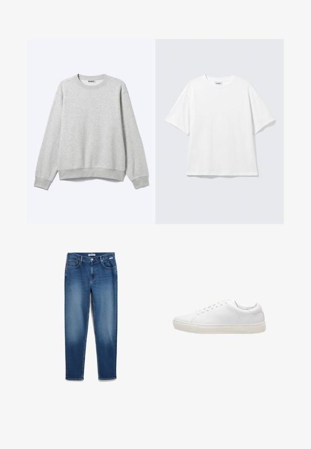 Hellgraues Sweatshirt mit Rundhalsausschnitt und langen Ärmeln, mit gerippten Bündchen und Saum, flach auf weißem Hintergrund dargestellt.; Weißes oversized T-Shirt mit kurzen Ärmeln und Rundhalsausschnitt mit eingesetzten Schultern, flach auf hellgrauem Hintergrund.; Denim-Jeans in einem mittleren Blauton, mit einem geraden Bein-design, fünf Taschen, einem Knopfverschluss und dezenten Verblassungen.; Weiße Leder-Sneaker mit glatter Textur, runder Zehenpartie, Schnürverschluss und flacher Gummisohle. Minimalistisches Design ohne sichtbare Muster.