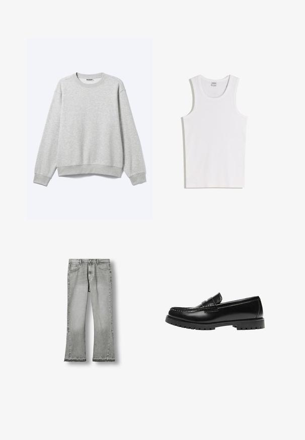 Sweat-shirt gris clair à manches longues et col rond, avec poignets et ourlet côtelés, présenté à plat sur fond blanc.; Débardeur blanc en coton avec un col rond et de larges bretelles. Texture lisse, sans motifs ni accents, design simple.; Jean gris à jambes larges avec poches avant et arrière, passants de ceinture, fermeture par bouton et ourlet brut.; Mocassin en cuir noir avec une semelle en caoutchouc épaisse et un détail classique de bride à monnaie, vu de côté extérieur.