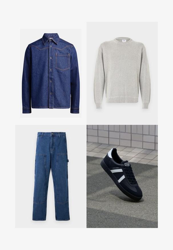 Lichtgrijze geribbelde gebreide trui met ronde hals en lange mouwen, met een GAP-label bij de halslijn, getoond op een witte achtergrond.; Donkerblauwe denim overhemd met lange mouwen, puntige kraag, knoopsluiting, borstzak en contrasterende oranje stiksel.; Blauwe denim cargobroek met een rechte pijp, twee grote zijzakken en een knoopsluiting op de taille. Stevige textuur en gestructureerd ontwerp.; Zwarte leren sneaker met witte strepen, een gestructureerde rubberen zool en vetersluiting aan de voorkant. Voorzien van een merklabel op de tong.