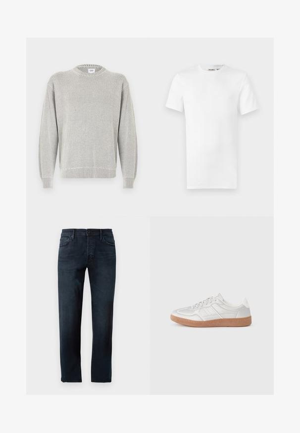Lysegrå ribstrikket trøje med rund hals og lange ærmer, med GAP-mærke ved halsudskæringen, vist på en hvid baggrund.; Hvid, kortærmet T-shirt med rund hals og et lille brandlabel inde i kraven, vist på en hvid baggrund.; Mørkeblå jeans lavet af denimstof, med et lige ben-design, en frontknap- og lynlås-lukning samt fem lommer.; Sølv sneakers med en glat overflade, snørebånd, perforerede detaljer og en struktureret brun gummi sål.