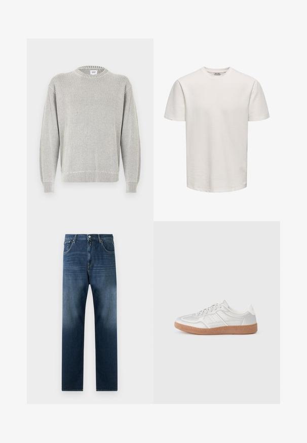 Lichtgrijze geribbelde gebreide trui met ronde hals en lange mouwen, met een GAP-label bij de halslijn, getoond op een witte achtergrond.; Effen wit, kort mouw, gestructureerd T-shirt met ronde hals, getoond op een egale achtergrond, zonder zichtbare logo's of ontwerpen.; Donkerblauwe denim jeans met een recht gesneden pijp. Kenmerken zijn onder andere voorzakken, een ritsluiting en een subtiele vervaging richting de zoom.; Zilveren sneakers met een gladde textuur, vetersluiting, geperforeerde accenten en een gestructureerde bruine rubberen zool.
