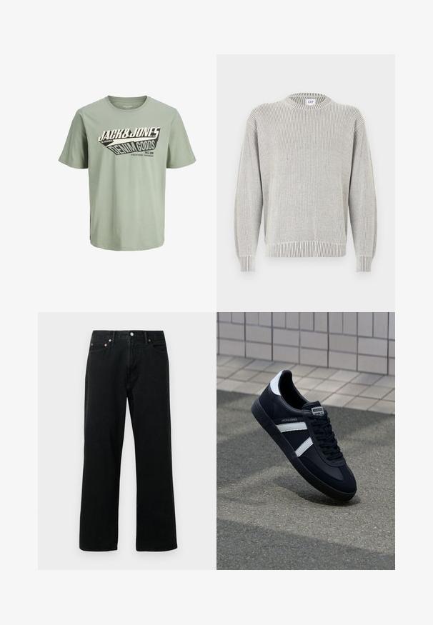 Lichtgrijze geribbelde gebreide trui met ronde hals en lange mouwen, met een GAP-label bij de halslijn, getoond op een witte achtergrond.; Lichtgroene katoenen t-shirt met een zwart-wit grafisch ontwerp dat tekst bevat. Ronde hals, korte mouwen en een rechte zoom.; Zwarte denim jeans met een recht pasvorm, vijf-pocketdesign, metalen studs en knoopsluiting. De stof heeft een zachte textuur met minimale vervaging.; Zwarte leren sneaker met witte strepen, een gestructureerde rubberen zool en vetersluiting aan de voorkant. Voorzien van een merklabel op de tong.