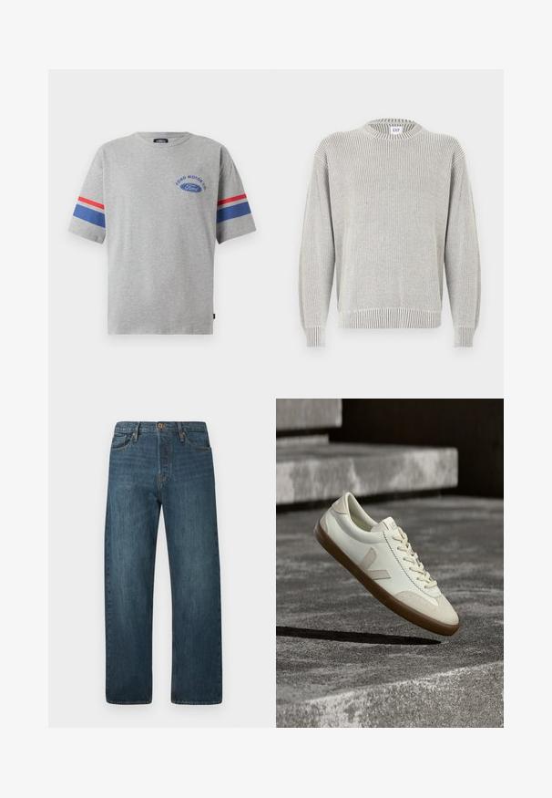 Lichtgrijze geribbelde gebreide trui met ronde hals en lange mouwen, met een GAP-label bij de halslijn, getoond op een witte achtergrond.; Grijze katoenen T-shirt met korte mouwen, met blauwe en rode strepen op de mouwen en het "Ford Motor Co" logo in het blauw op de borst.; Donkerblauwe straight-leg denim jeans met vijf zakken, knoopsluiting en riemlussen op een effen witte achtergrond.; Witte leren sneakers met een bruine rubberen zool, platte veters en een V-vormig accent aan de zijkant. Ze hebben een glad oppervlak en minimale stikdetails.