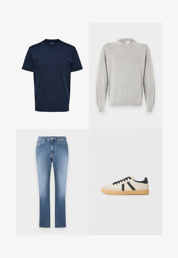 Suéter de cuello redondo de punto canalé gris claro con mangas largas y etiqueta de GAP en el cuello, mostrado sobre un fondo blanco.; Camiseta de hombre lisa de color azul oscuro, manga corta y cuello redondo, con un corte regular y sin estampados ni logotipos visibles.; Vaqueros de mezclilla azul claro con corte recto. Presentan una cintura alta, cinco bolsillos y un sutil desgaste en las piernas. Dobladillo liso.; Zapatillas casuales en crema con rayas negras, con parte superior texturizada y suela de goma. Los cordones son negros. Logo sutil en el costado.