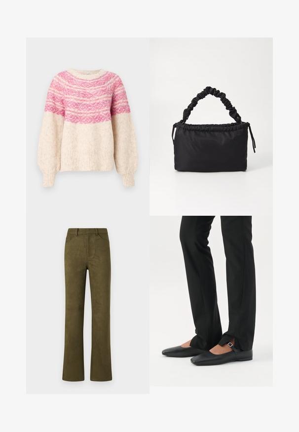Gehaakte trui met een crèmekleurige basis, voorzien van een gradient roze patroon over de borst en wijd uitlopende mouwen. Geribbelde zoom en manchetten.; Olijfgroene suede rechte broek met riemlussen, voorzakken en een achterzak op een witte achtergrond.; Benen met zwarte smalle broek met voorsplitten aan de zoom, gecombineerd met zwarte platte Mary Jane-schoenen met een klein gespje.; Zwarte tas gemaakt van zacht, gladde stof. Beschikt over een geplooide handgreep en een trekkoordsluiting, met een rechthoekige vorm en geen zichtbare hardware.