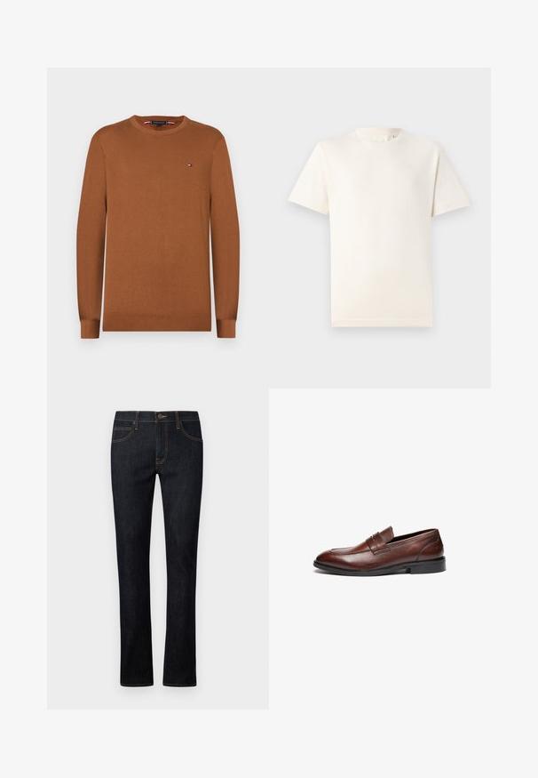 Jersey de punto marrón con escote redondo y mangas largas. Pequeño logo de acento en el pecho. Textura suave y puños acanalados.; TOM TAILOR BASIC CREW NECK - Camiseta básica - smooth light sand; Vaqueros de mezclilla azul oscuro con corte recto, que cuentan con costuras naranjas, diseño de cinco bolsillos y cierre frontal de botón.; Mocasines de cuero marrón con un acabado suave, puntera redondeada, tira decorativa y suela de goma negra. Presentan un detalle de costura mínima.