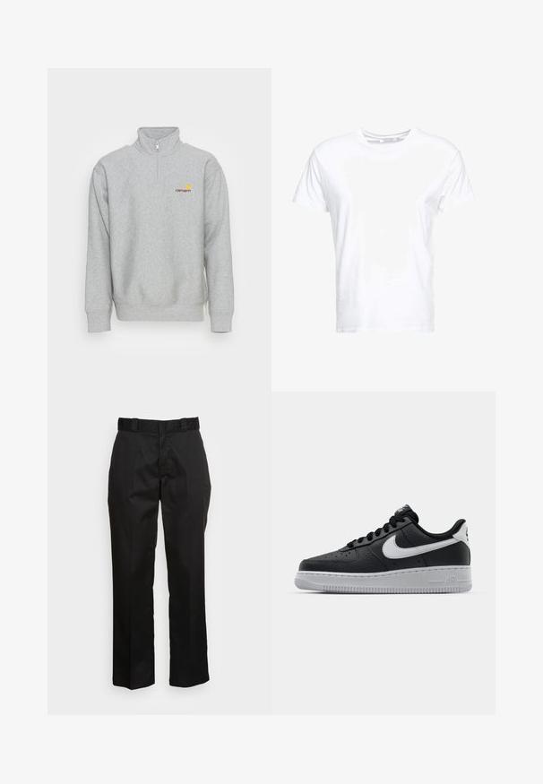 Carhartt WIP HALF ZIP AMERICAN SCRIPT - Sweatshirt - grey heather; T-shirt en coton blanc avec un col rond et des manches courtes, au fit classique et à la texture lisse. Aucun motif ni accessoire visible.; Pantalons noirs en tissu lisse, avec une coupe droite, des passants de ceinture et deux poches latérales. Look classique sans embellissements.; Baskets en cuir noir avec surface texturée, swoosh Nike blanc, semelle grise, bout rond et design à lacets. Comprend des perforations sur la boîte à orteils.