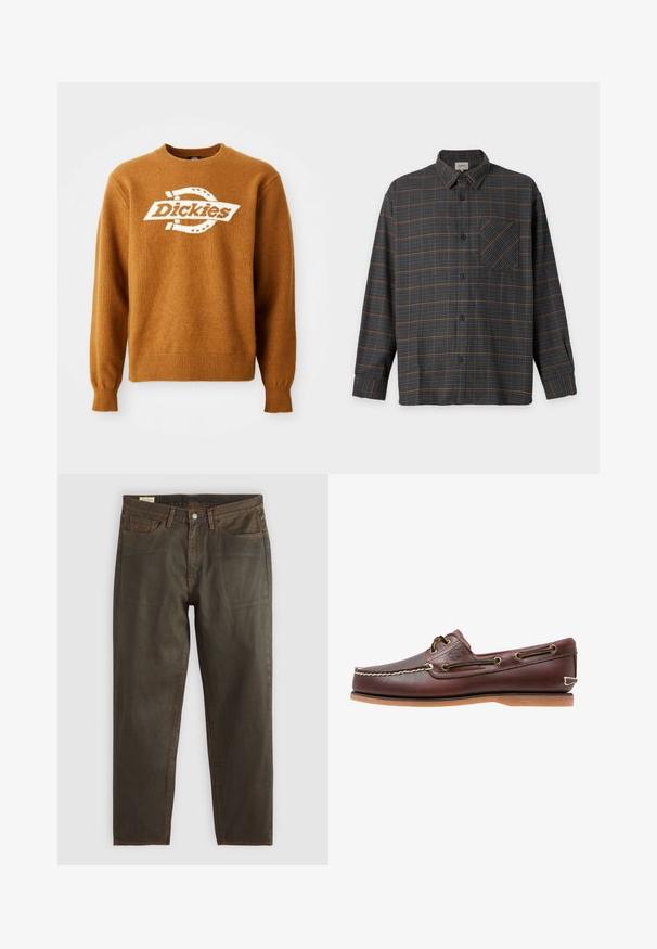 Hnedý pletený sveter s bielym logom "Dickies" na prednej strane. Klasický okrúhly výstrih a rebrované manžety a spodný lem. Mäkká štruktúra.; Košeľa s dlhým rukávom a gombíkmi s tmavým károvaným vzorom v námorníckej modrej a hnedej farbe, s náprsným vreckom a klasickým golierom na jednofarebnom pozadí.; Tmavozelené denimové džínsy so strižením rovného strihu, s medeným prešívaním, klasickým piatym vreckom a zapínaním na gombík.; Hnedá kožená lodná topánka s bielym prešívaním, detailmi na šnúrky a svetlohnedou gumovou podrážkou, zobrazená z boku na bielom pozadí.