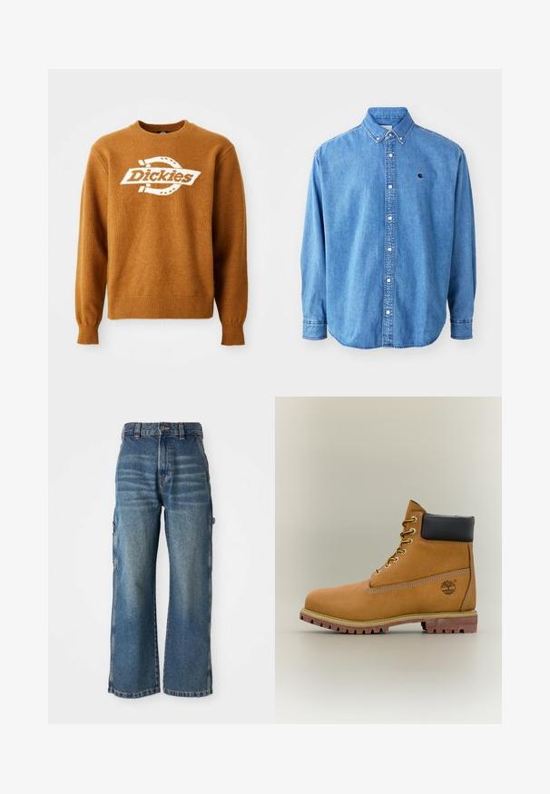 Pruunist kudumist valmistatud sviiter, mille esipinnal on valge "Dickies" logo. Klassikaline ümar kaelus ning soonikkoes varruka- ja hemmpäised. Pehme tekstuur.; Tumesinine nööpidega särk, helesinine värv, punktkrae, pikad varrukad ja väike logo rinnal. Omab valgeid nööpe ja õmblusõmblusi.; Heled õlavarrega helesinised teksad, millel on kulunud viimistlus, kõrge vöökoht, vöökohad ja küljetaskud. Nähtavad õmbluse detailid.; Pruun nahast pahkluu saabas musta kraega, kollaste paelte ja beežide tallaga. Omab logo ja valge õmbluse detaile. Tugeva haardega välistald.