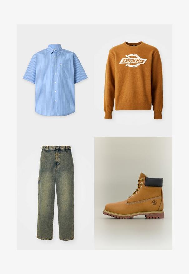 Pull en tricot marron avec un logo "Dickies" blanc sur le devant. Encolure ras du cou classique et poignets et ourlet côtes. Texture douce.; Chemise bleu clair à manches courtes à boutons avec fines rayures verticales et une poche poitrine sur un fond uni.; Jeans en denim ample avec un délavage bleu et vert. Comprend une fermeture à bouton, des passants de ceinture et des poches latérales. Pas de pli à l'avant et design à jambe droite.; Bottine en cuir marron avec col noir, lacets jaunes et semelle beige. Présente un logo et des détails de couture blanche. Semelle extérieure à traction robuste.