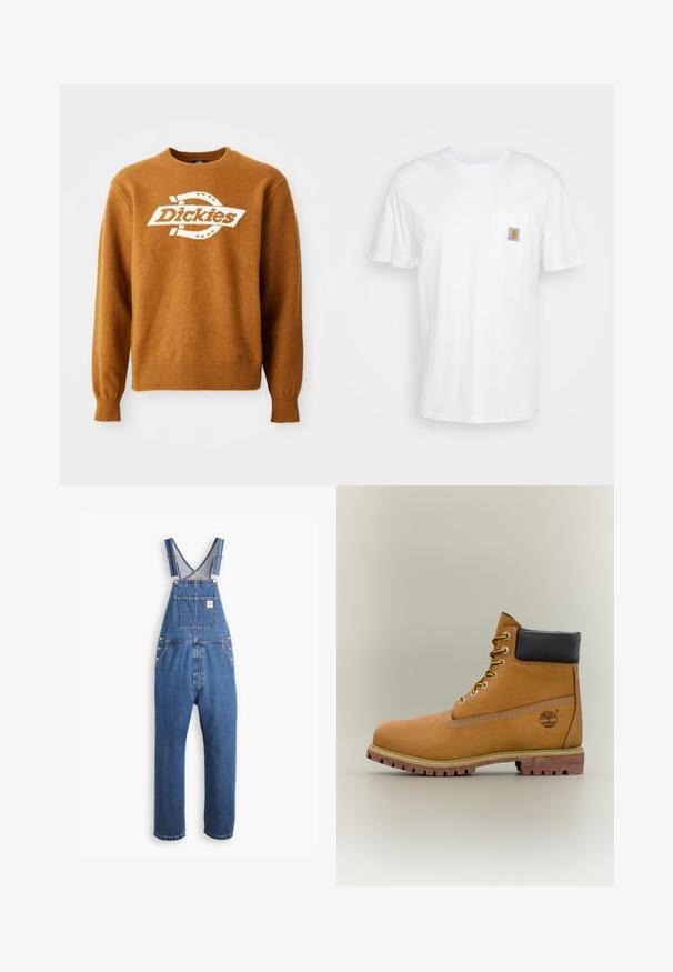 Hnedý pletený sveter s bielym logom "Dickies" na prednej strane. Klasický okrúhly výstrih a rebrované manžety a spodný lem. Mäkká štruktúra.; Biele bavlnené tričko s krátkymi rukávmi, vreckom na hrudi a malou štvorcovou nášivkou v oranžovej a bielej farbe na vrecku.; Džínsové montérky v stredne modrej farbe, s nastaviteľnými popruhmi, prednou vreckom a kovovými súčiastkami, vo voľnom strihu a s rovným strihom nohavíc.; Hnedá kožená členková členková obuv s čiernym golierom, žltými šnúrkami a béžovou podrážkou. Má logo a biele prešívanie. Hrubá podrážka s dobrým záberom.