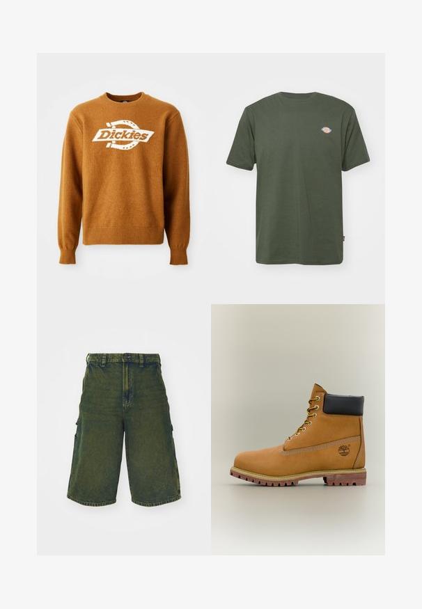 Brun strikket sweater med et hvidt "Dickies" logo på fronten. Klassisk rund halsudskæring og ribbede manchetter og kant. Blød tekstur.; Olivengrøn bomulds T-shirt med rund hals, korte ærmer og et lille farvet logo på brystet. Glat tekstur, afslappet design.; Grønne denim cargo shorts med afslappet pasform, der har sidelommer og knaplukning. Slidt tekstur og lige snit.; Brun læderankelstøvle med sort krave, gule snørebånd og tanfarvet sål. Har logo og hvide syninger som detalje. Robust ydersål med greb.