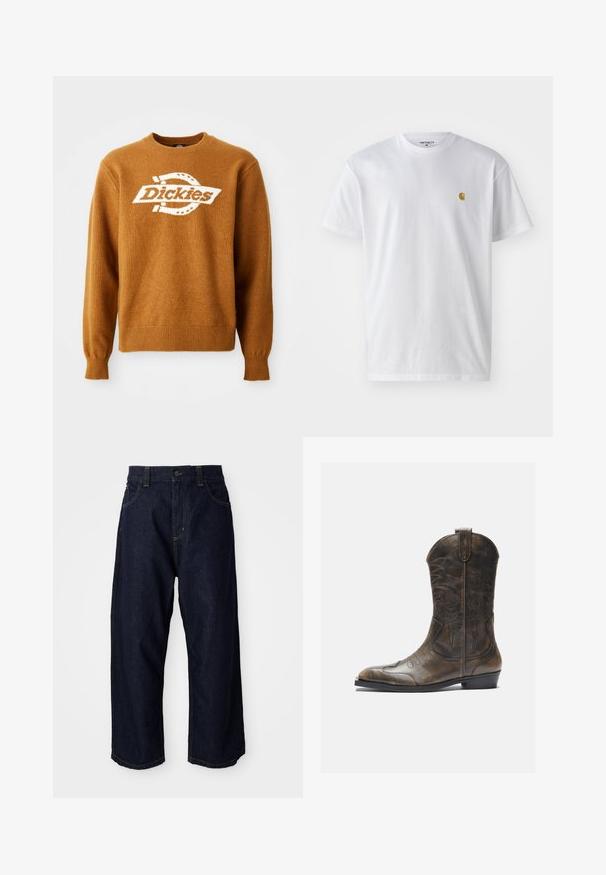 Brun strikket sweater med et hvidt "Dickies" logo på fronten. Klassisk rund halsudskæring og ribbede manchetter og kant. Blød tekstur.; Hvid bomulds t-shirt med korte ærmer, rund hals og et lille guld logo på venstre brystområde. Blød tekstur og almindelig pasform.; Mørkeblå denimbukser med en afslappet pasform, der har en knapclosure, bæltestropper og gule syninger på lommer og sømme.; Brune læder cowboystøvle med en høj skaft, spids tå, intrikate syning mønstre og en lille hæl. Struktureret finish hele vejen igennem.