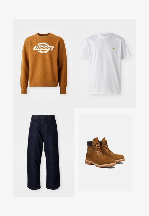 Brun strikket sweater med et hvidt "Dickies" logo på fronten. Klassisk rund halsudskæring og ribbede manchetter og kant. Blød tekstur.; Hvid bomulds t-shirt med korte ærmer, rund hals og et lille guld logo på venstre brystområde. Blød tekstur og almindelig pasform.; Mørkeblå denimbukser med en afslappet pasform, der har en knapclosure, bæltestropper og gule syninger på lommer og sømme.; Brune ruskinds ankelstøvler med en polstret sort krave, gyldne snørehuller og en tyk gummisål med en mønster, der giver godt greb.