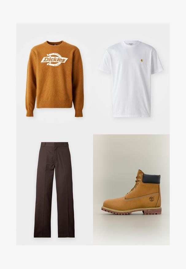 Brown knitted sweater featuring a white "Dickies" logo on the front. Classic crew neck and ribbed cuffs and hem. Soft texture.; White cotton t-shirt with short sleeves, crew neck, featuring a small gold logo on the left chest area. Soft texture and regular fit.; Brown straight-leg pants with belt loops and front zipper, displayed against a plain light background.; Brown leather ankle boot with black collar, yellow laces, and tan sole. Features logo and white stitching detail. Rugged traction outsole.