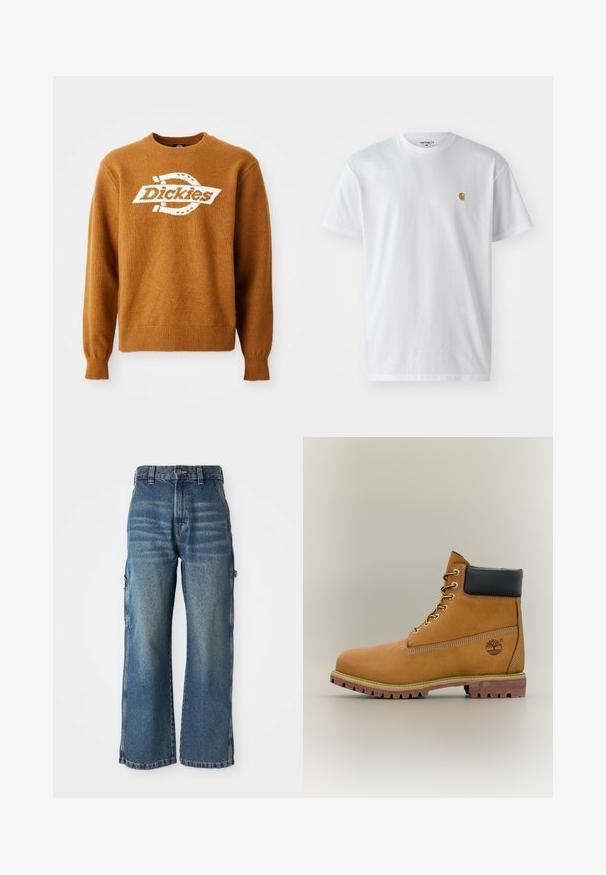 Hnedý pletený sveter s bielym logom "Dickies" na prednej strane. Klasický okrúhly výstrih a rebrované manžety a spodný lem. Mäkká štruktúra.; Biele bavlnené tričko s krátkymi rukávmi, okrúhlym výstrihom, s malým zlatým logom na ľavej strane hrude. Mäkká textúra a normálny strih.; Džínsy v širokom strihu z denimového materiálu svetlo modrej farby s vyblednutým povrchom, s vysokým pásom, pútkami na opasok a bočnými vreckami. Viditeľné detaily šitia.; Hnedá kožená členková členková obuv s čiernym golierom, žltými šnúrkami a béžovou podrážkou. Má logo a biele prešívanie. Hrubá podrážka s dobrým záberom.