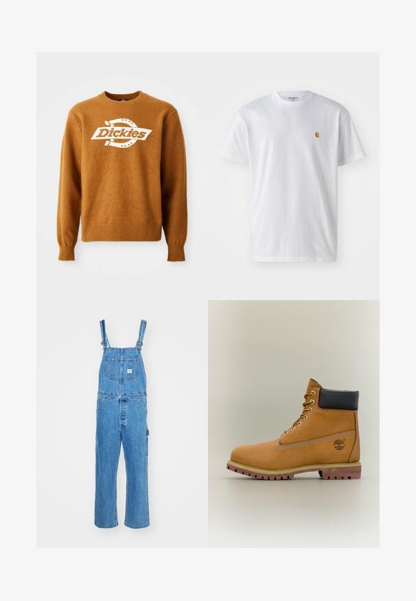 Bruine gebreide trui met een wit 'Dickies' logo op de voorkant. Klassieke ronde hals en geribbelde manchetten en onderrand. Zachte textuur.; Witte katoenen t-shirt met korte mouwen en ronde hals, voorzien van een klein gouden logo op de linkerkant van de borst. Zachte textuur en een normale pasvorm.; Denim salopette met verstelbare schouderbanden, wijde pijpen en een voorzak met een label. Lichtblauwe kleur met een gestructureerde afwerking.; Bruine leren enkellaars met zwarte kraag, gele veters en een zandkleurige zool. Voorzien van een logo en witte stikseldetails. Robuuste loopzool met grip.