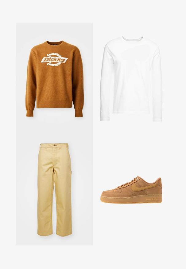Brun strikket sweater med et hvidt "Dickies" logo på fronten. Klassisk rund halsudskæring og ribbede manchetter og kant. Blød tekstur.; Langærmet hvid t-shirt lavet af blød bomuld. Rund halsudskæring med lige skårne kanter og ingen synlige mønstre eller grafikker.; Beige, vidde bukser lavet af bomuld med frontknaplukning, bæltestropper og sidelommer. Glat tekstur med synlige syninger.; Nike Sportswear AIR FORCE 1 07 - Sneakers - flax/wheat/light brown/black/team gold