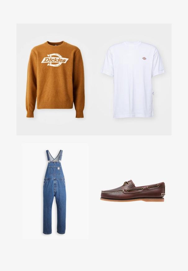 Brun strikket sweater med et hvidt "Dickies" logo på fronten. Klassisk rund halsudskæring og ribbede manchetter og kant. Blød tekstur.; Hvid bomulds t-shirt med v-hals og korte ærmer. Har et lille farverigt broderet logo på venstre bryst. Blød tekstur.; Denim overalls i mellemblå, med justerbare stropper, en frontlomme og metalbeslag, i en afslappet pasform og lige ben-design.; Brun læder bådsko med hvide sømme, snøre detaljer og lysbrun gummisål, vist fra siden på hvid baggrund.