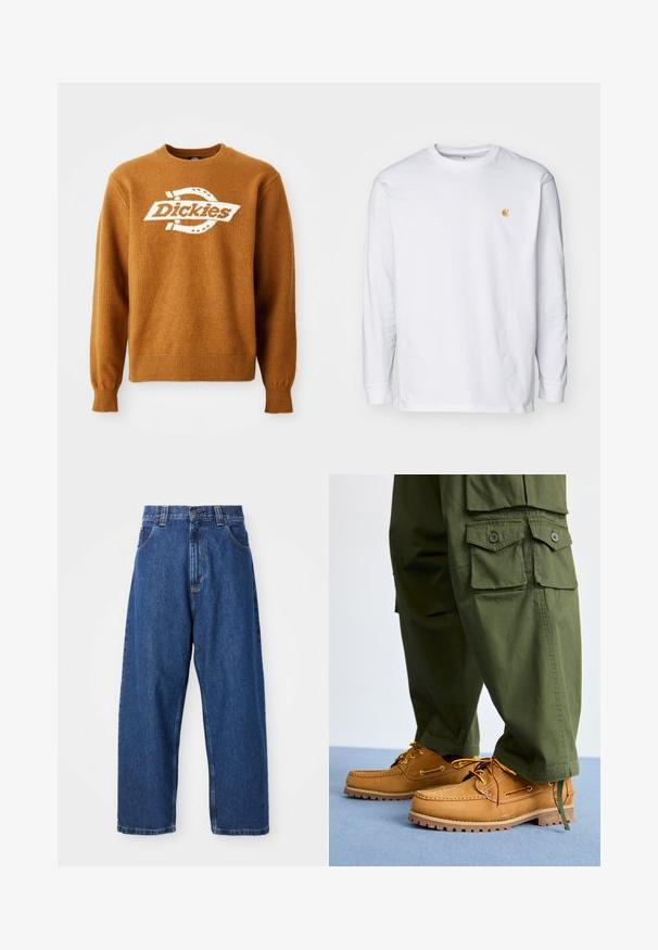 Hnedý pletený sveter s bielym logom "Dickies" na prednej strane. Klasický okrúhly výstrih a rebrované manžety a spodný lem. Mäkká štruktúra.; Biely tričko s dlhým rukávom z bavlny. Na hrudi má malé zlaté logo a okrúhly výstrih. Jednoduchý dizajn a štandardný strih.; Džínsy s širokými nohavicami v tmavomodrej farbe. Majú vysoký pás, vypchávky na opasok a klasický dizajn s piatimi vreckami. Šitý lem s čistým zakončením.; Timberland AUTHENTIC 3 EYE - Jachtárska obuv - wheat