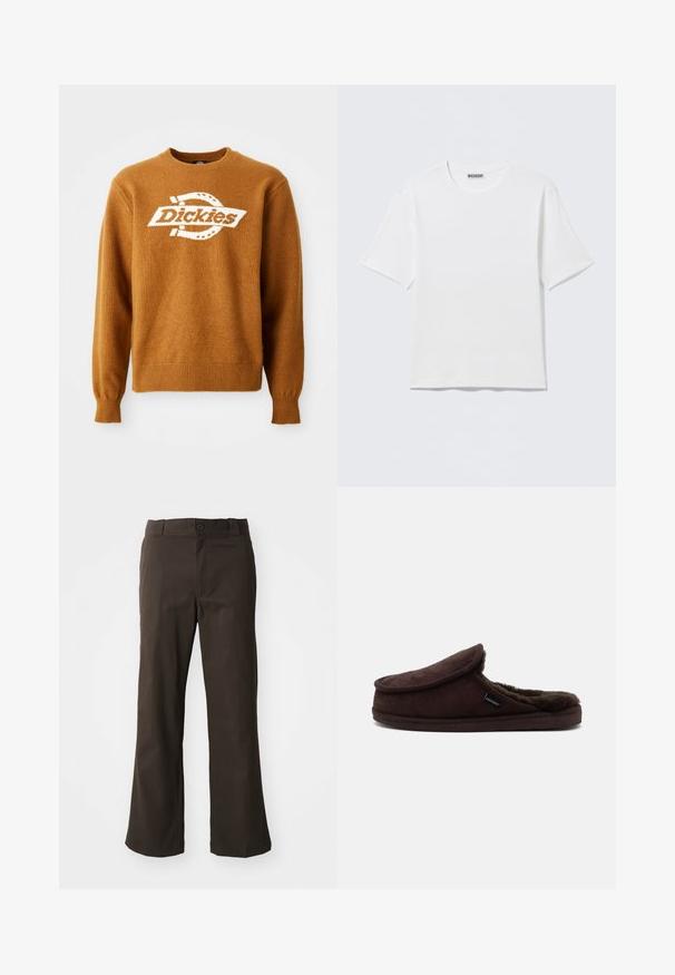Brun strikket sweater med et hvidt "Dickies" logo på fronten. Klassisk rund halsudskæring og ribbede manchetter og kant. Blød tekstur.; Hvid, kortærmet t-shirt med rund hals og et lille "WEEKDAY"-mærke på indersiden af bagkraven, vist på en flad overflade.; Brune, flagrende bukser med en glat tekstur, der har en frontlukning med knap og lommer på siderne. Simpel og lige design.; Brun slip-on hjemmesko med blødt pelsfor og et lille sidelabel med teksten "Shepherd", vist i sideprofil på en ensfarvet baggrund.