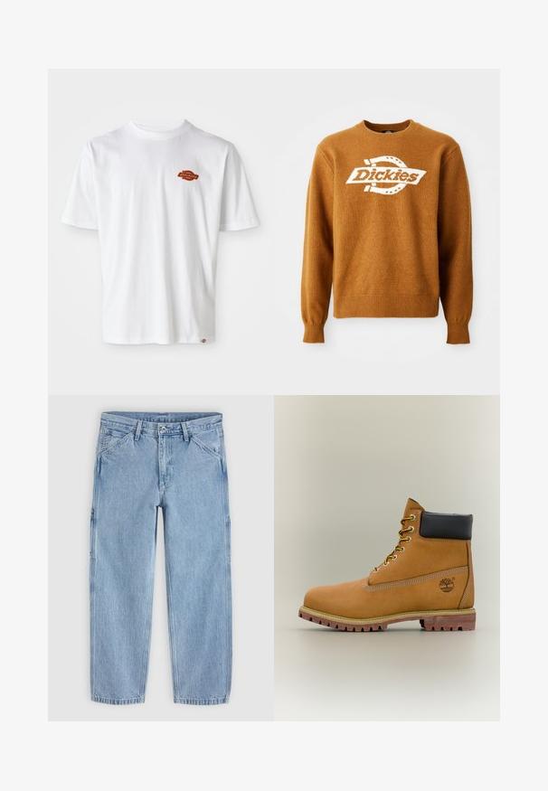 Hnedý pletený sveter s bielym logom "Dickies" na prednej strane. Klasický okrúhly výstrih a rebrované manžety a spodný lem. Mäkká štruktúra.; Biela bavlnená tričko s krátkymi rukávmi, s malým oranžovým a čiernym logom "Dickies" na ľavej strane hrude.; Svetlomodré rifle rovného strihu s predným gombíkom, zipsom, pútkami na opasok a šikmými prednými vreckami na jednofarebnom pozadí.; Hnedá kožená členková členková obuv s čiernym golierom, žltými šnúrkami a béžovou podrážkou. Má logo a biele prešívanie. Hrubá podrážka s dobrým záberom.