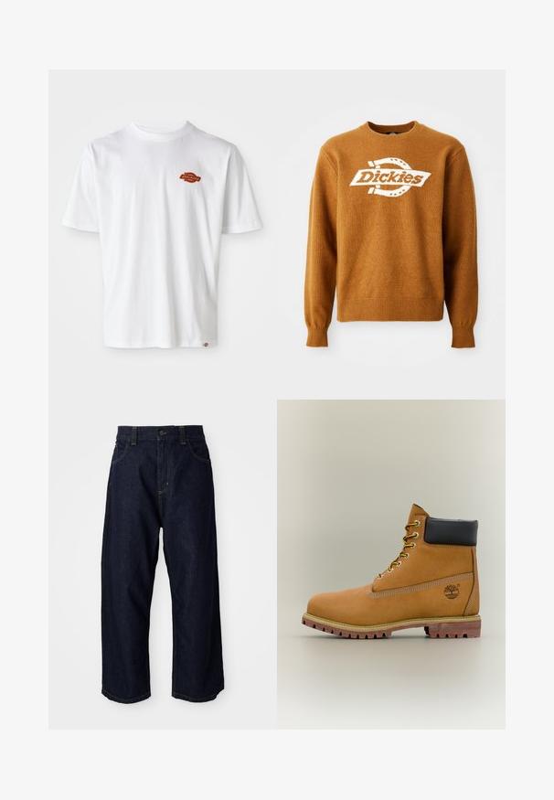 Brun strikket sweater med et hvidt "Dickies" logo på fronten. Klassisk rund halsudskæring og ribbede manchetter og kant. Blød tekstur.; Hvid bomulds t-shirt med korte ærmer, der har et lille orange og sort "Dickies" logo på venstre brystområde.; Mørkeblå denimbukser med en afslappet pasform, der har en knapclosure, bæltestropper og gule syninger på lommer og sømme.; Brun læderankelstøvle med sort krave, gule snørebånd og tanfarvet sål. Har logo og hvide syninger som detalje. Robust ydersål med greb.