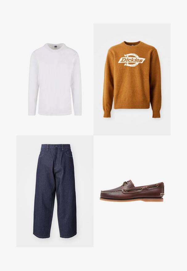 Hnedý pletený sveter s bielym logom "Dickies" na prednej strane. Klasický okrúhly výstrih a rebrované manžety a spodný lem. Mäkká štruktúra.; Dlhý rukáv, tričko s okrúhlym výstrihom z bielej bavlny. Hladká textúra s jednoduchým dizajnom a bez viditeľných vzorov alebo akcentov.; Tmavomodré denimové džínsy s voľným, širokým strihom. Funkcie zahŕňajú zapínanie na gombík, predné vrecká a viditeľné švy.; Hnedá kožená lodná topánka s bielym prešívaním, detailmi na šnúrky a svetlohnedou gumovou podrážkou, zobrazená z boku na bielom pozadí.