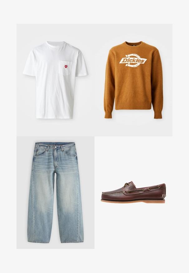 Brun strikket sweater med et hvidt "Dickies" logo på fronten. Klassisk rund halsudskæring og ribbede manchetter og kant. Blød tekstur.; Hvid bomulds T-shirt med rund halsudskæring og korte ærmer. Har et lille rødt hjerte-logo på venstre brystlomme.; Lyseblå viddebenede cowboybukser med forlommer, bæltestropper, knaplukning og subtil falmning på lårene mod en ensfarvet baggrund.; Brun læder bådsko med hvide sømme, snøre detaljer og lysbrun gummisål, vist fra siden på hvid baggrund.