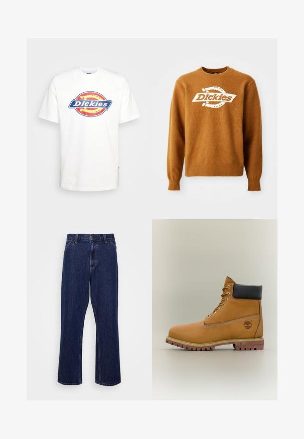 Pull en tricot marron avec un logo "Dickies" blanc sur le devant. Encolure ras du cou classique et poignets et ourlet côtes. Texture douce.; T-shirt en coton blanc avec un logo circulaire "Dickies" bleu et rouge au centre. Manches courtes et col ras du cou.; Jeans en denim bleu foncé avec une coupe droite, dotés d'une fermeture à bouton, d'un style à cinq poches et de détails de couture subtils.; Bottine en cuir marron avec col noir, lacets jaunes et semelle beige. Présente un logo et des détails de couture blanche. Semelle extérieure à traction robuste.