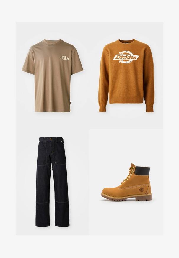Bruine gebreide trui met een wit 'Dickies' logo op de voorkant. Klassieke ronde hals en geribbelde manchetten en onderrand. Zachte textuur.; Bruine katoenen T-shirt met een ronde hals, korte mouwen en een wit logo met de tekst "Dickies Workwear" op de linkerkant van de borst.; Donkerblauwe spijkerbroek met rechte pijpen, voorzien van gele stiksels en voorzakken. De stof lijkt stevig en gestructureerd.; Bruine leren enkellaars met metalen oogjes, witte faux bont voering, zwarte gewatteerde kraag, robuuste zool en een reliëflogo aan de zijkant.